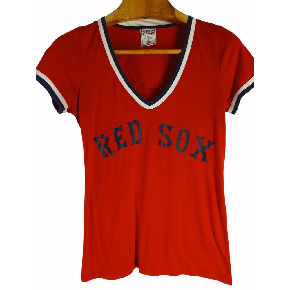 Victorias Secret Pink Red Sox V Neck T Shirt L Boston Play Ball Red Blue White - Picture 1 of 15